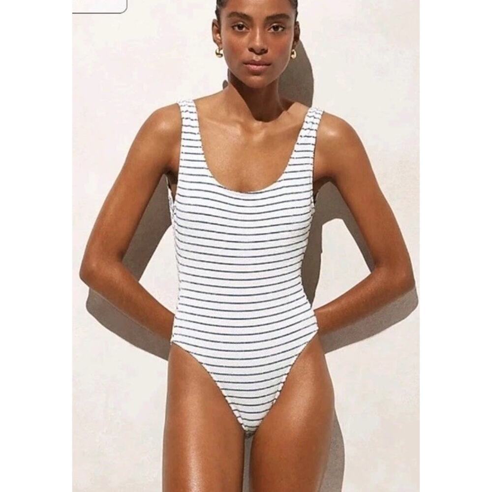 NWT J.Crew Size 18 Claudia Scrunchie One Piece Swimsuit White Blue Stripe CI673